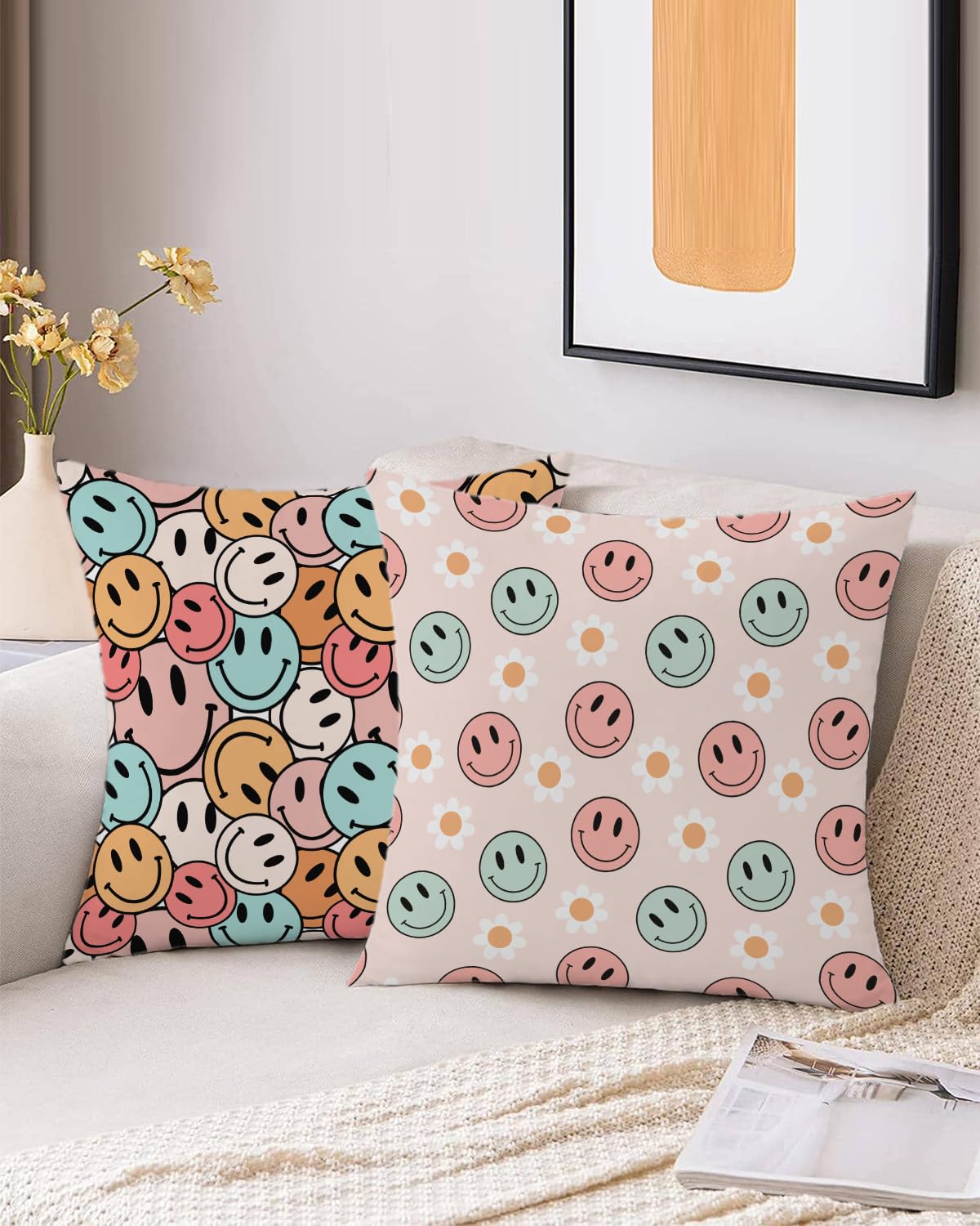 PreLiving Flower Face Preppy Throw Pillow Cover, Hippie Retro Groovy Aesthetic Happy Cute Pillowcase Decoration for Sofa Bedroom Living Room, 18 x 18 Inch