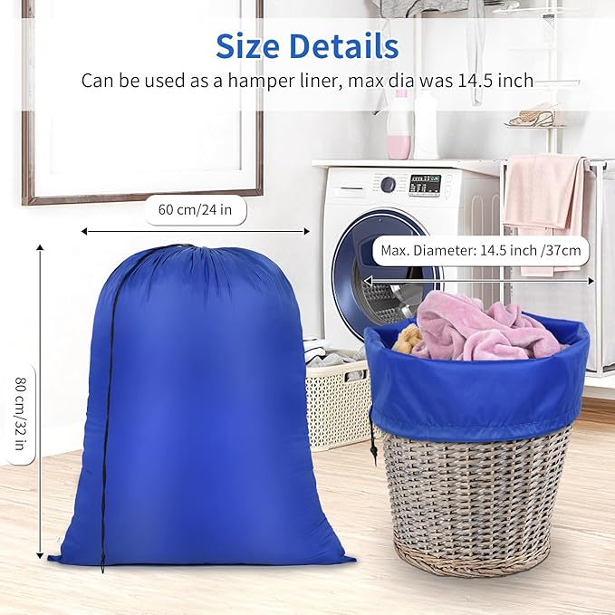 OTraki 2pcs Laundry Bags 24x32 inch Drawstring Closure Laundry Hamper Liner Dirty Clothes Bag Heavy Duty Bag Machine Washable organizer Bag Travel Camp Home College Dorm Black & Blue