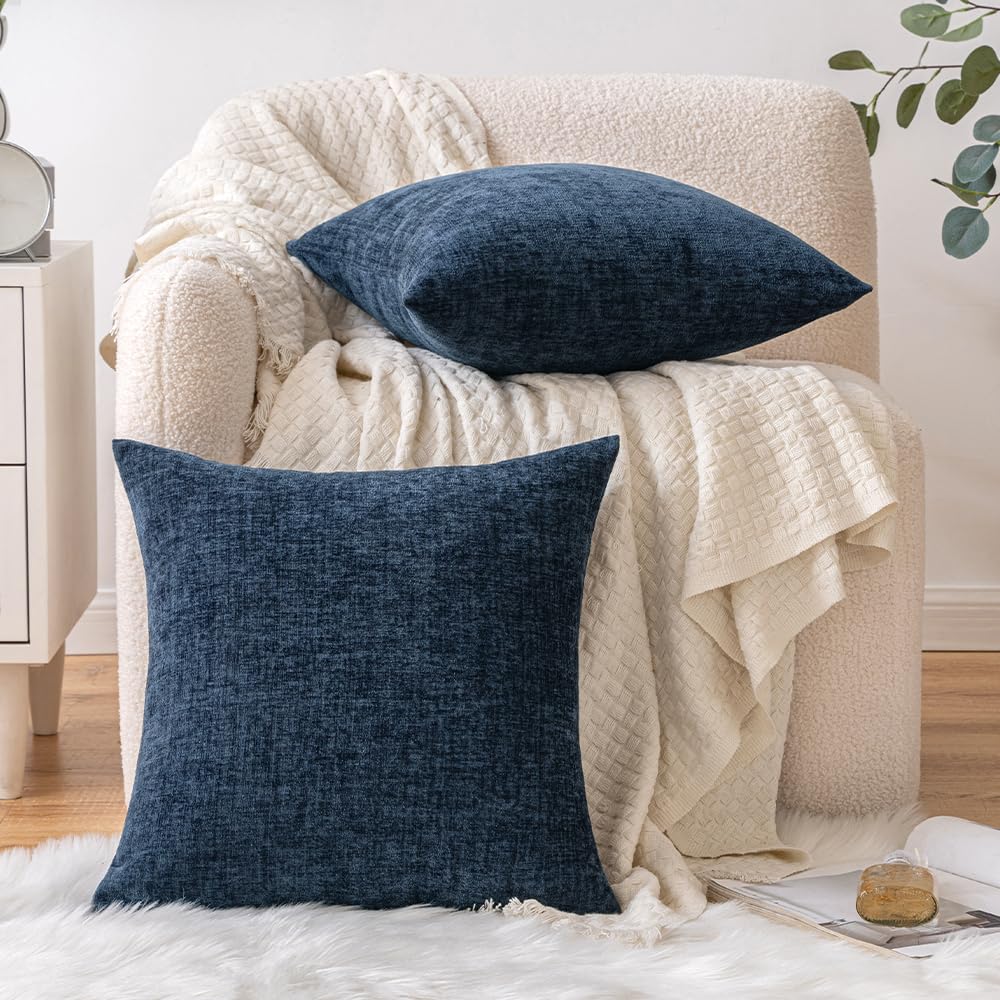 EMEMA Square Throw Pillow Covers 20"x20" Inch Set of 2 Decorative Couch Pillow Covers Chenille Modern Solid Pillowcases for Sofa Bedroom Navy Blue 50x50CM(Only Covers)