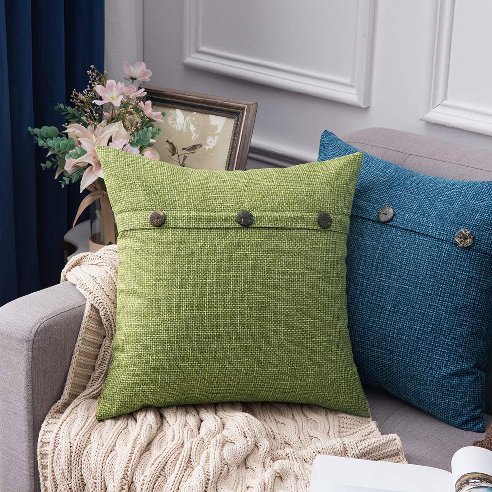 MIULEE Set of 2 Linen Throw Pillow Covers Cushion Case Triple Button Vintage Farmhouse Spring Pillowcase for Couch Sofa Bed 20 x 20 Inch 50 x 50 cm Green