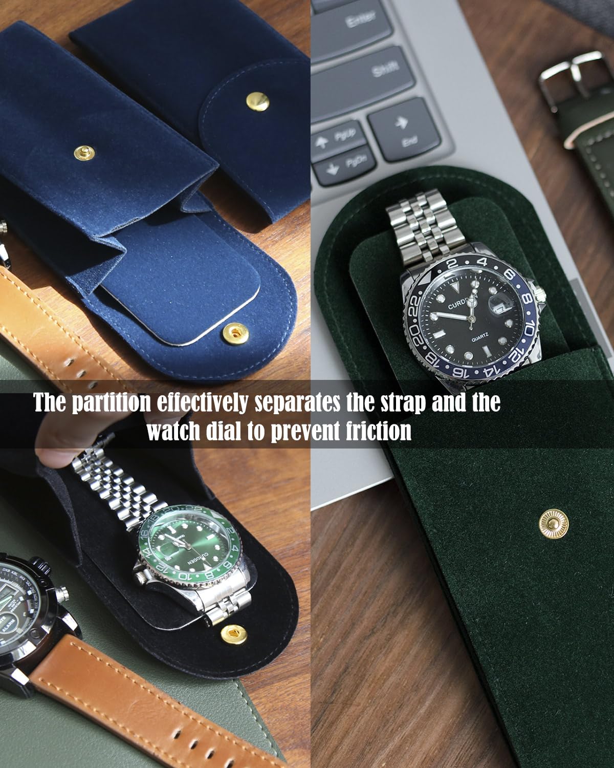 Bonaking 6PCS Velvet Watch Pouch, Green Portable Travel Case for Men & Women, Soft Watch Bag Storage