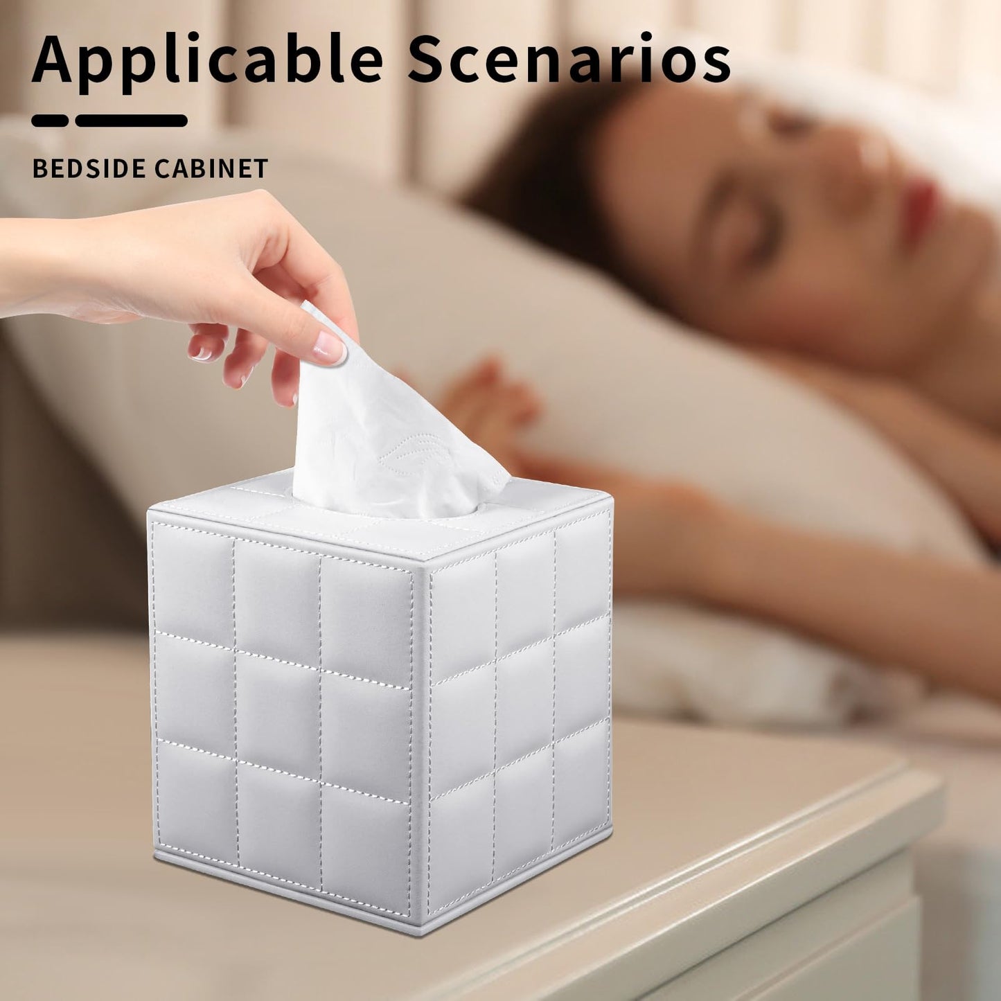 XNONE Tissue Box Cover Square Tissue Box Holder PU Leather Facial Organizer with Magnetic Bottom,Decorative Napkin Caddy for Vanity Dresser Night Stand Table Countertop Home Office Car,White