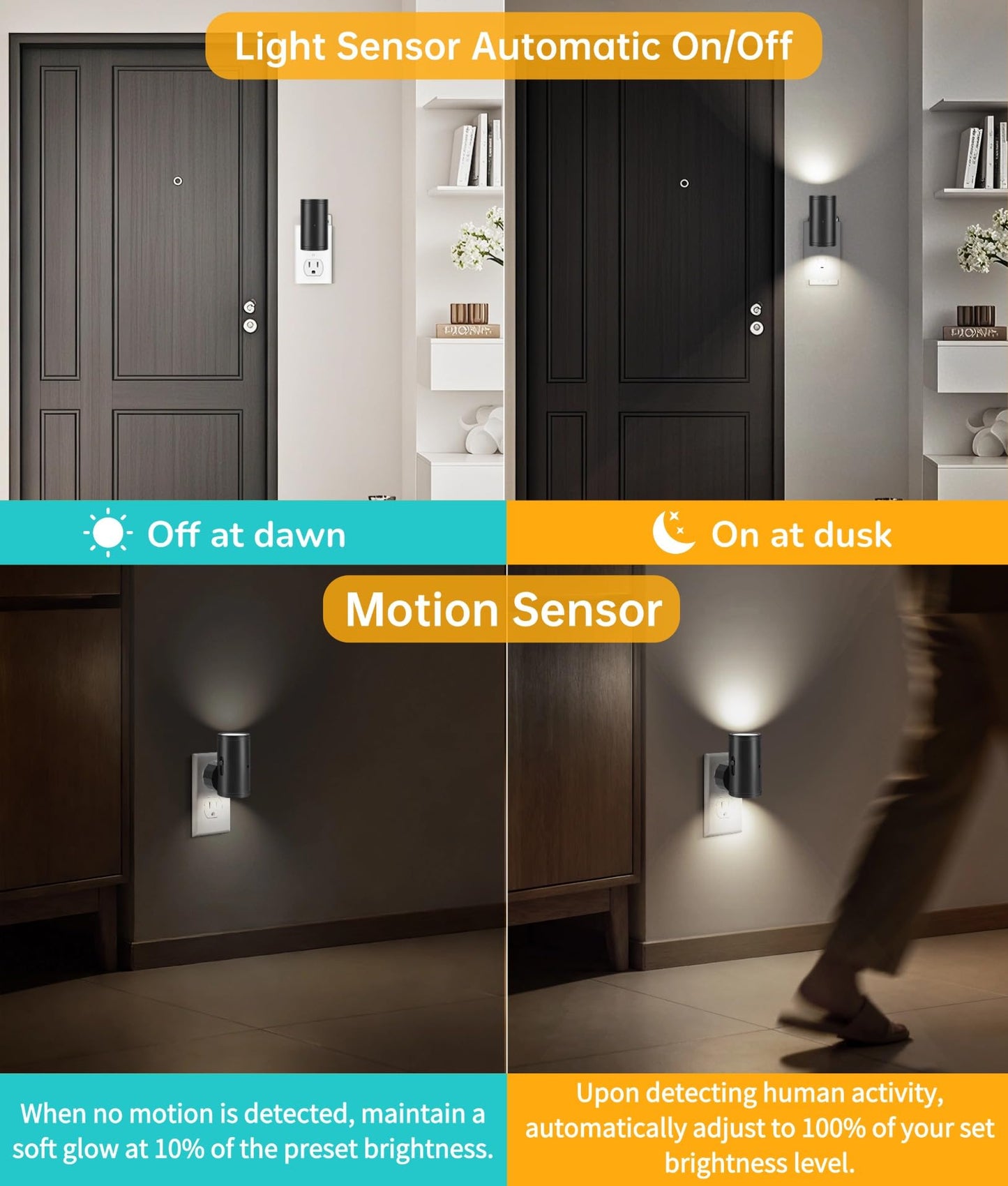 TSEXES LED Night Lights Plug into Wall, Motion Sensor & Dusk to Dawn Sensor,Dimmable 5000K Nightlight with 0-300 lm Adjustable Brightness for Hallway, Stairs, Kitchen, Bathroom(2 Pack)