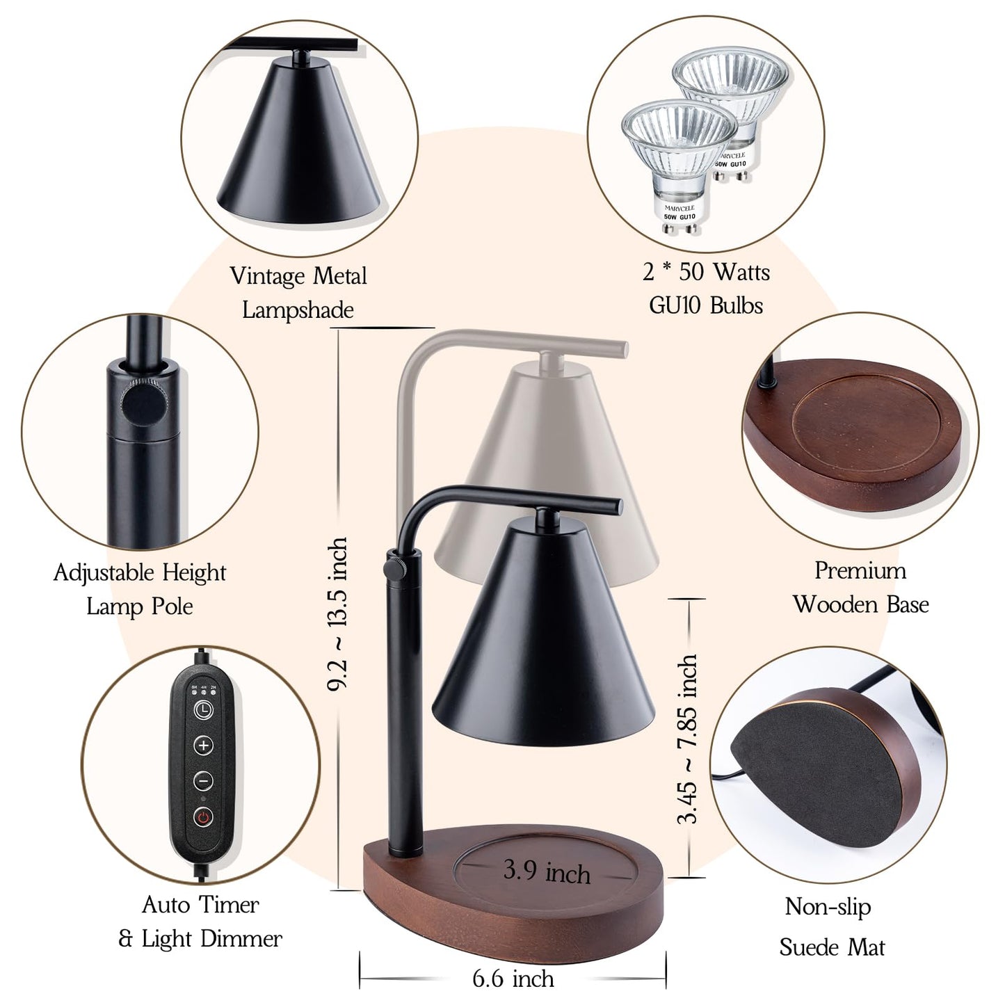 Marycele Black Candle Warmer Lamp with Timer, Height Adjustable Electric Lamp Candle Warmer, Black Home Room Decor Aesthetic, Birthday Gifts for Women Men