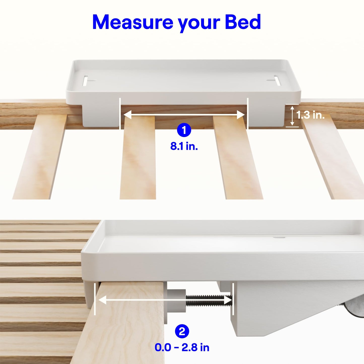 BedShelfie Bedside Shelf for Dorm Room Bunk Bed & Top Bunk, College Dorm Room Essentials, Bedside Caddy, Clip on Floating Desk Tray, Bed Side Table Storage, Loft Nightstand Decor - Cable Catch, White