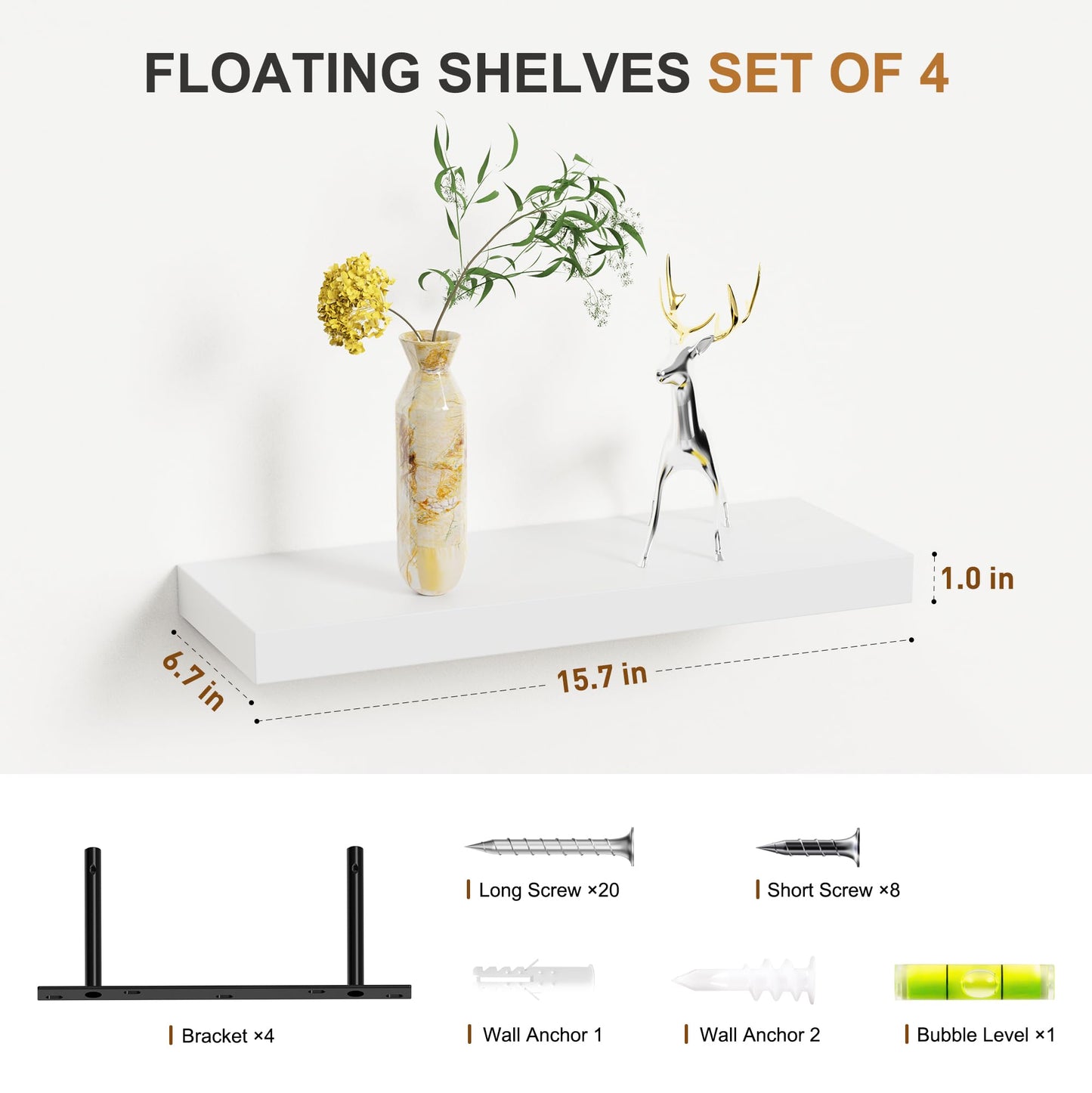 Bellsal Floating Shelves for Wall, White Engineered Wood Wall Shelf Set of 4, 16" Wall Mounted Floating Shelf for Kitchen, Living Room, Bedroom, Bathroom Storage, Book Shelf for Walls Home Decor