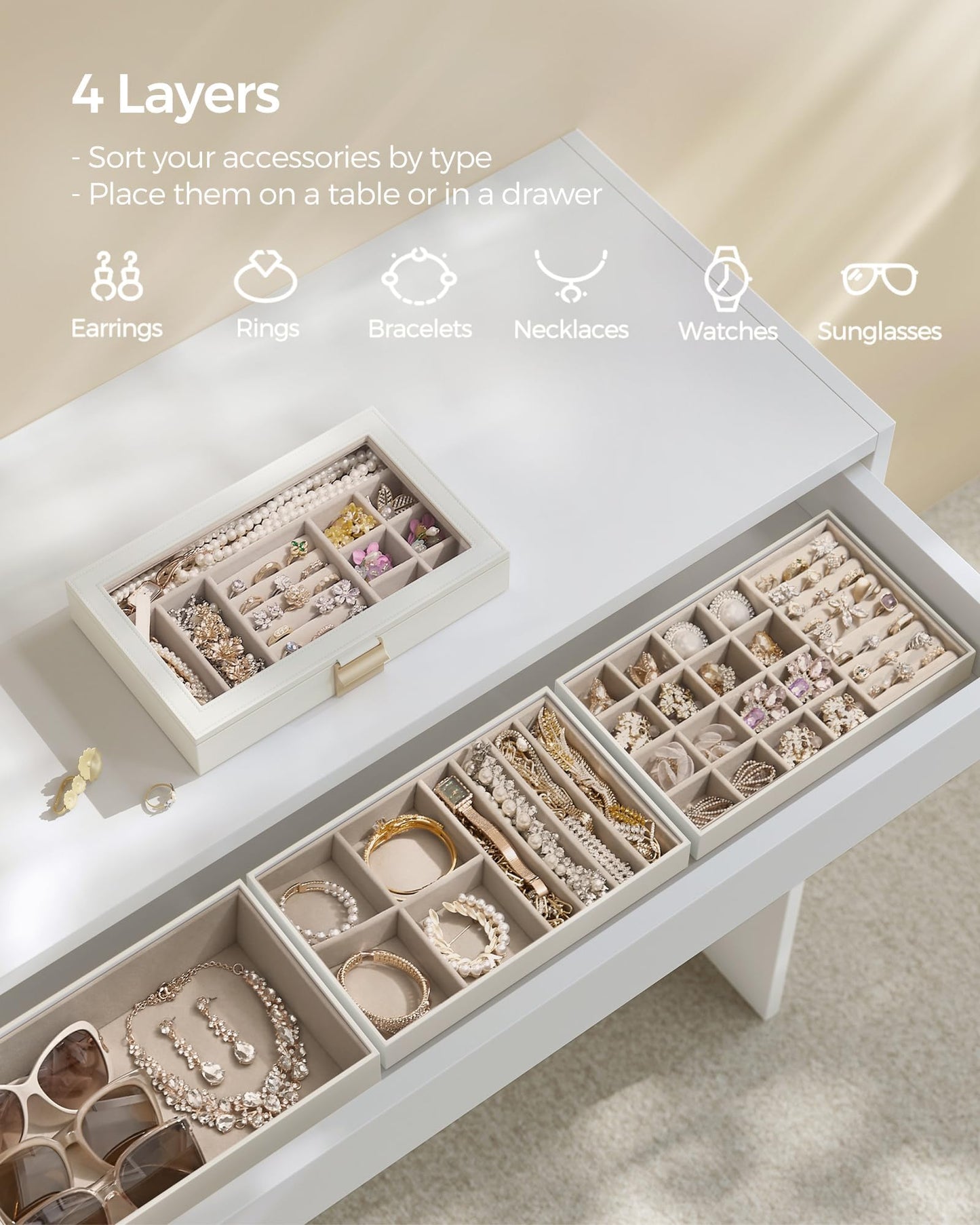 SONGMICS GISELLA Collection - Stackable Jewelry Trays, 4-Tier Jewelry Box, Drawer Jewelry Organizer, with Glass Lid, Removable Dividers, 6.7 x 11 x 7.2 Inches, Gift Idea, Cloud White UJBC164W01