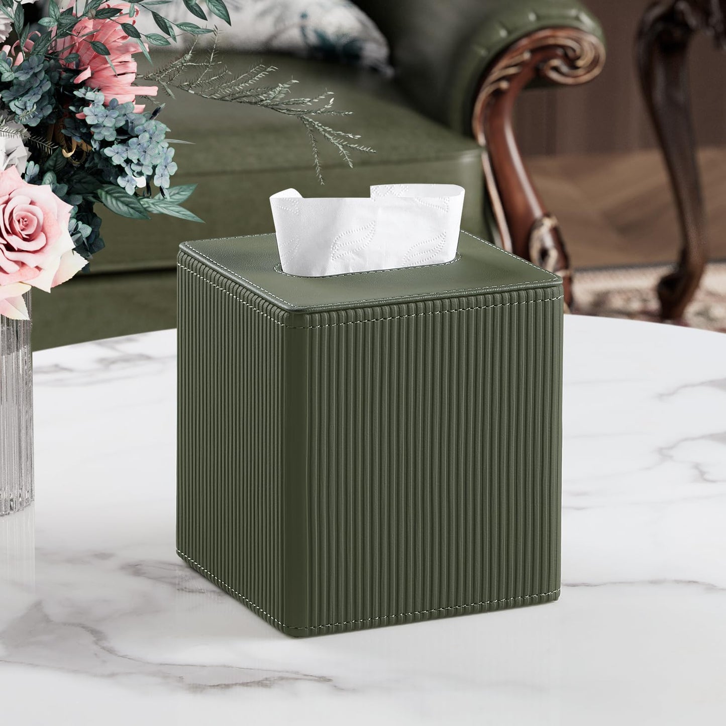 Cretkhp Tissue Box Cover Square with Magnetic Closure, PU Leather Tissue Box Holder for Bathroom NightStands Livingroom, Decorative Modern Square Tissue Holder (Green)