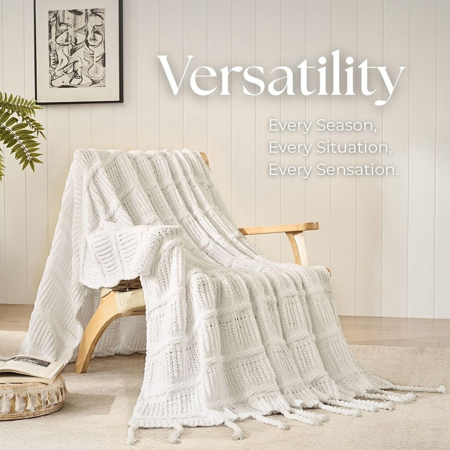 Boho Knitted Chenille Blanket with Tassels - Lightweight & Soft All-Season Throw - 3D Classic Pattern for Living Room Bedroom Couch, Cloud White, Throw 50"x60"