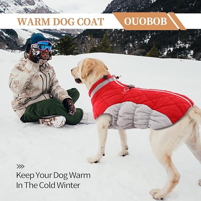 OUOBOB Dog Coats for Small Dogs, Puppy Coat, Warm Winter Jacket, XS Dog Coat with Harness Built in, Waterproof Pet Cold Weather Coats, Puppy Winter Clothes Snowsuit Chihuahua Maltese,Red,XS