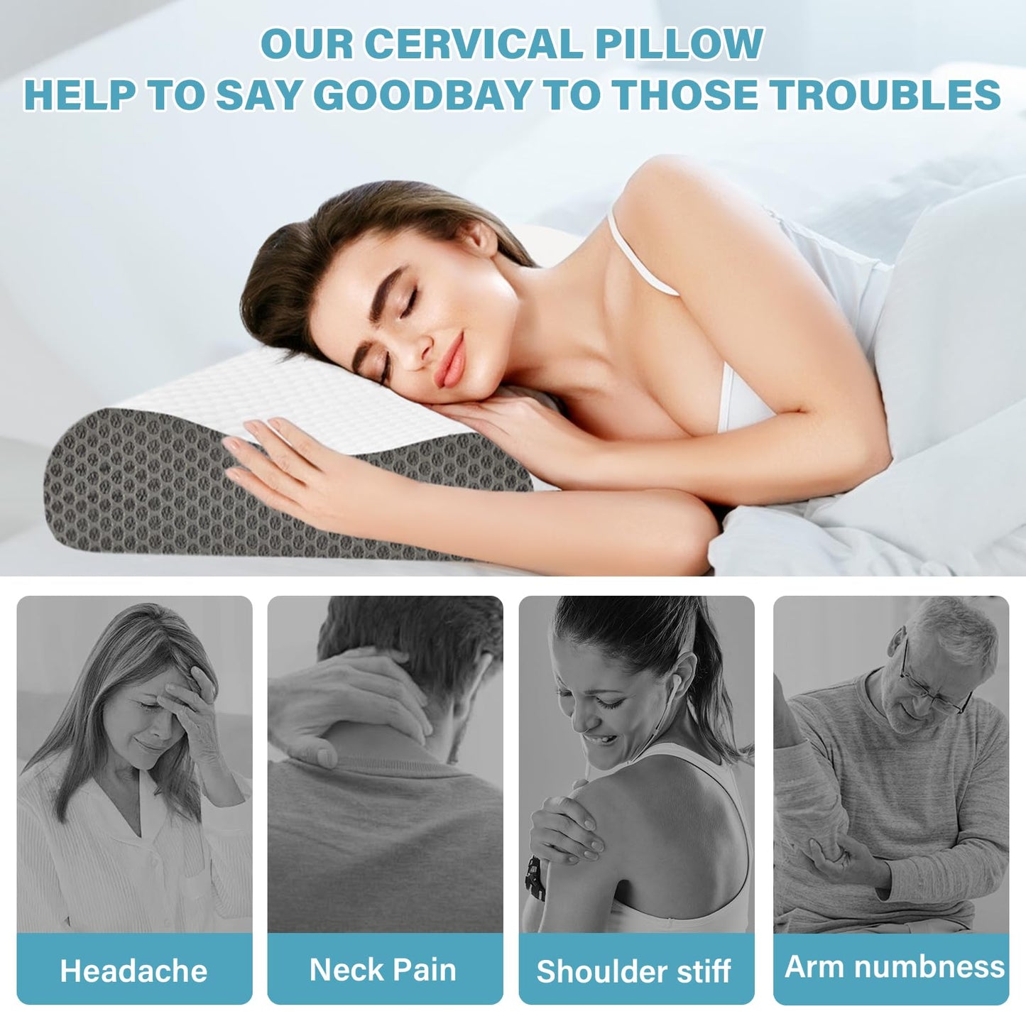 SUFOR Cooling Pillows Queen Size Set of 2, Memory Foam Bed Pillows for Sleeping, Ergonomic Cervical Pillow for Neck and Shoulder Pain Relief, with Pillowcase（Grey）