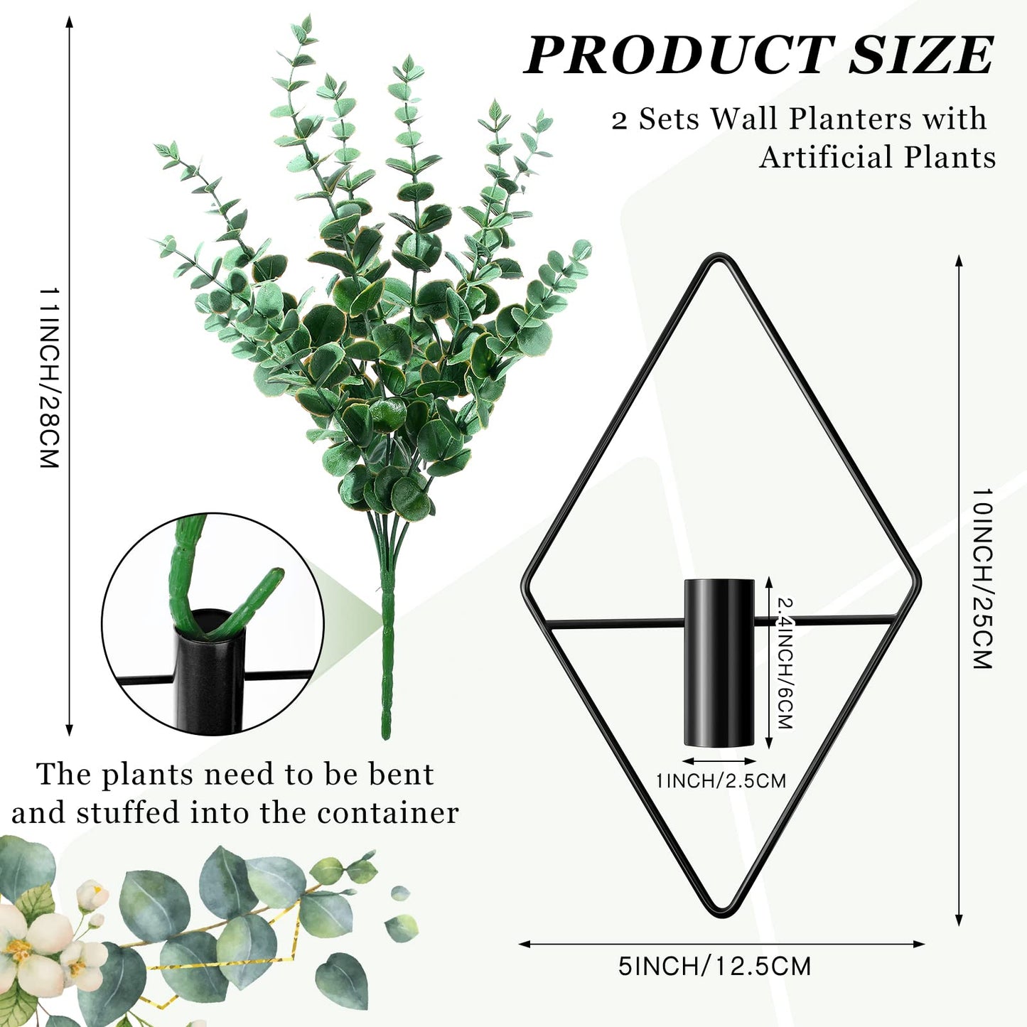 Canlierr 2 Pieces Wall Decor Hanging Planters with Artificial Plants Metal Hanging Vase Indoor Plants Holder Modern Boho Wall Art for Bathroom Bedroom Living Room Decor(Black,Eucalyptus)