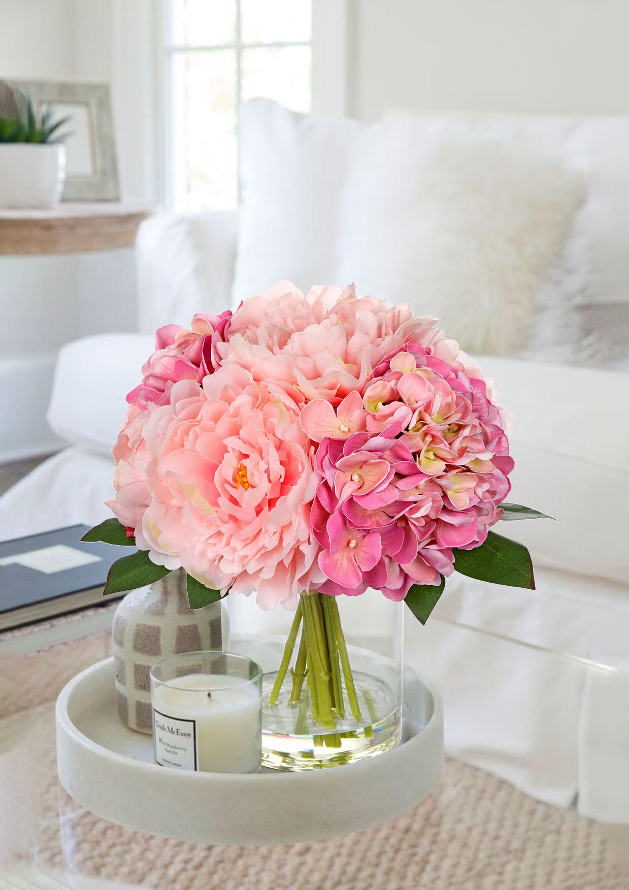 Hollyone Pink Hydrangea Peonies Artificial Flowers Real Touch Fake Flowers Arrangements in Vase with Faux Water Peony Hydrangeas Silk Flower with Vase for Table Centerpiece Shelf Home Decor