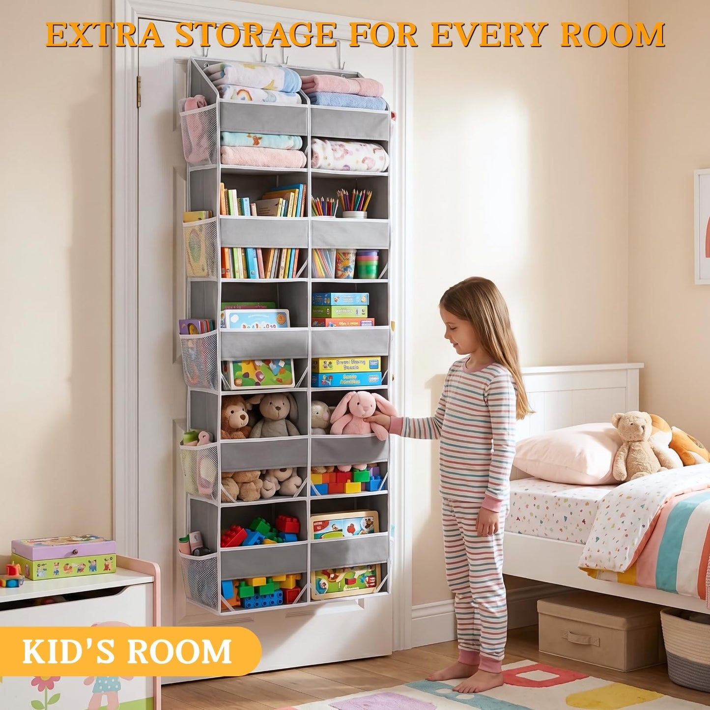 Over The Door Organizer, 5-Tier Extra Large Behind Door Storage with 10 Big Front & 10 Mesh Pockets, 80lb Capacity, Hanging Storage Organizer with Clear Window Kids Toys, Shoes, Diapers, Light Grey