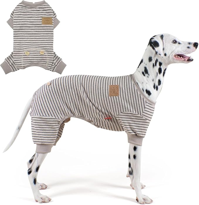 KYEESE Dog Pajamas Striped Clothes Pet PJS Lightweight Doggie Jammies 4 Legs Outfit Soft Dog Pajamas Cozy Pet Clothes Onesie Comfortable PJS Medium Dogs Doggie Onesie,Ivory Brown Striped, XX-Large