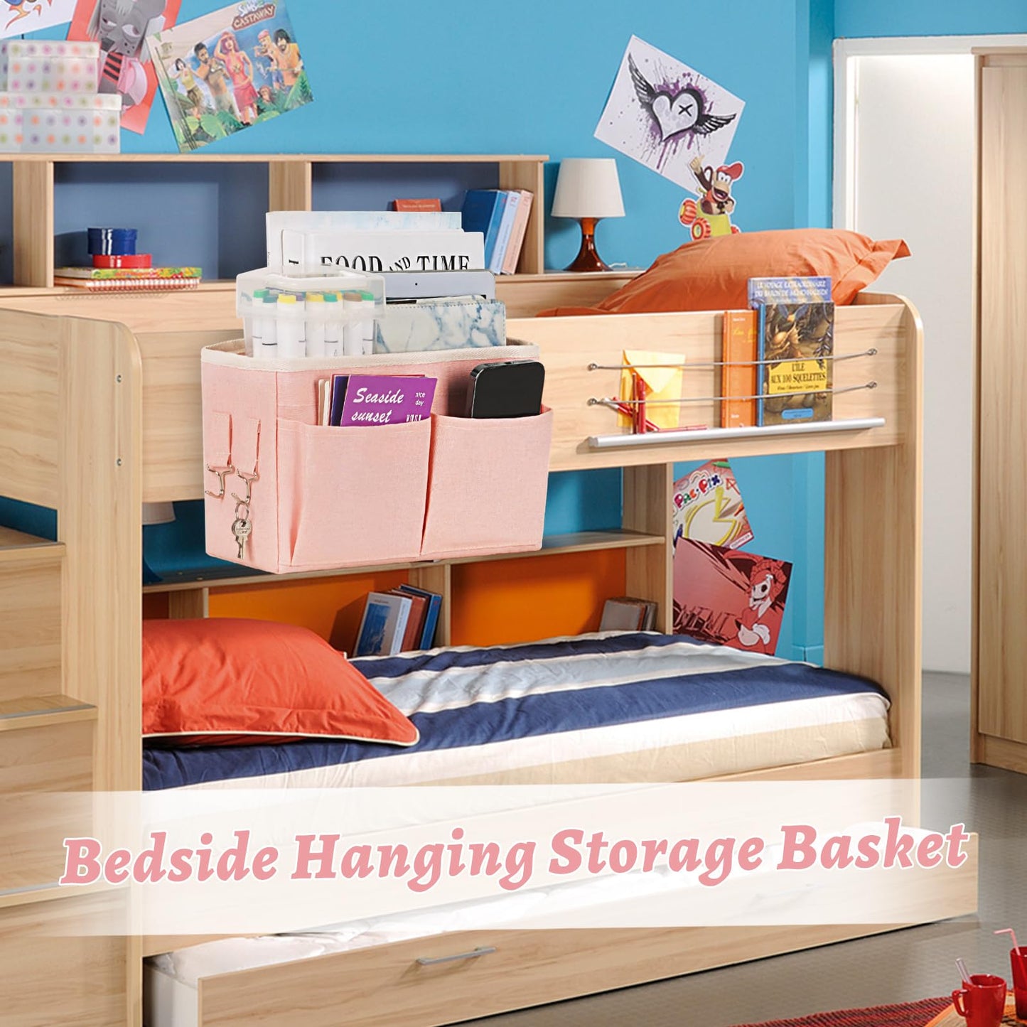 Frjjthchy Bedside Caddy Hanging Storage with Water Bottle Holder for Bunk Bed Hospital Bed Dorm Rooms (Pink)