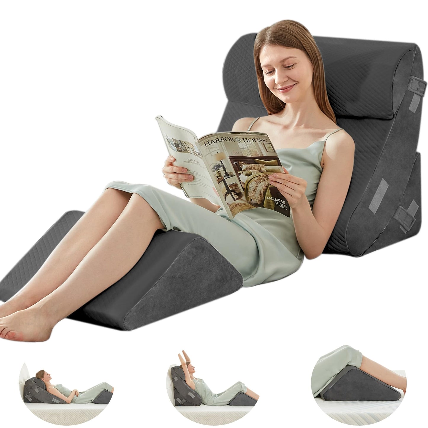 BDEUS 4PCS Bed Wedge Pillow Post Surgery, Orthopedic Sleeping Wedge Pillow Set for Back, Neck and Leg Pain Relief, Acid Reflux, GERD, Memory Foam Support Pillows for After Surgery, Grey