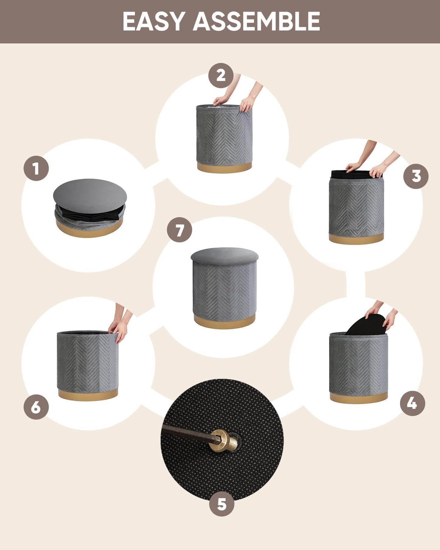 B FSOBEIIALEO Ottoman with Stroage, Round Velvet Storage Ottoman with Gold Plating Base,Foot Rest Stool for Dorm Room, Living Room Grey, 14.76"x14.76"x16.34"