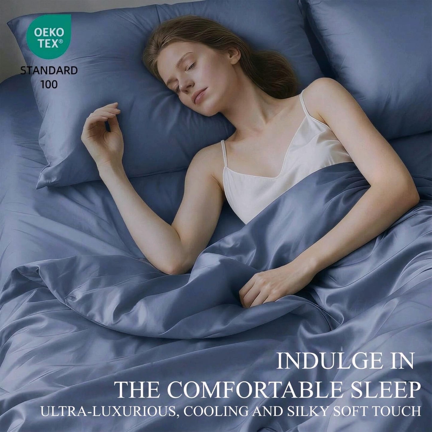 Genuine 100% Viscose Derived from Bamboo Sheets Queen Size, Natural Cooling for Hot Sleepers Breathable Luxuriously Soft Cool Silky Sheet Set with 15" Deep Pocket Fitted, 4 Piece (Queen, Navy Blue)