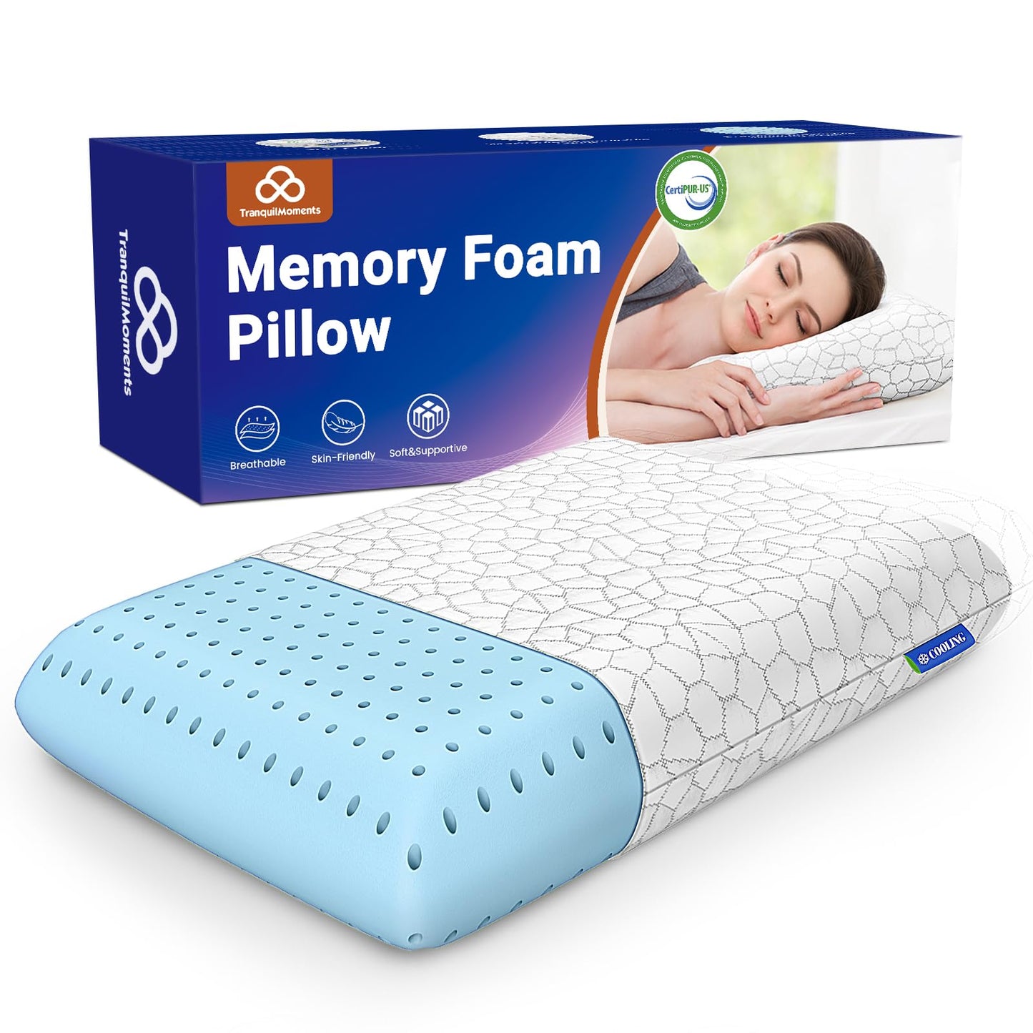 TranquilMoments Memory Foam Pillows, Bed Pillow for Side,Back and Stomach Sleepers,Neck Pillow for Sleeping with Removable and Machine Washable Cover, Standard Size (1 Pack)
