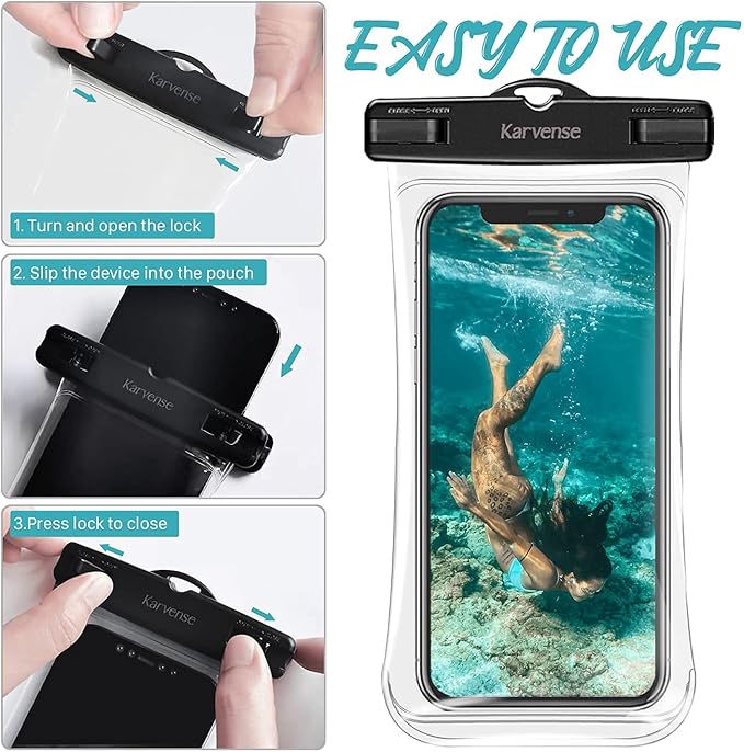 Karvense Waterproof Phone Pouch/Case, 4 Pack Large Water Proof Phone Pouch for iPhone, Samsung Galaxy & Pixel, IPX8 Phone Water Protector Pouch for Travel, Vacation, Beach, Pool, Cruise Essentials