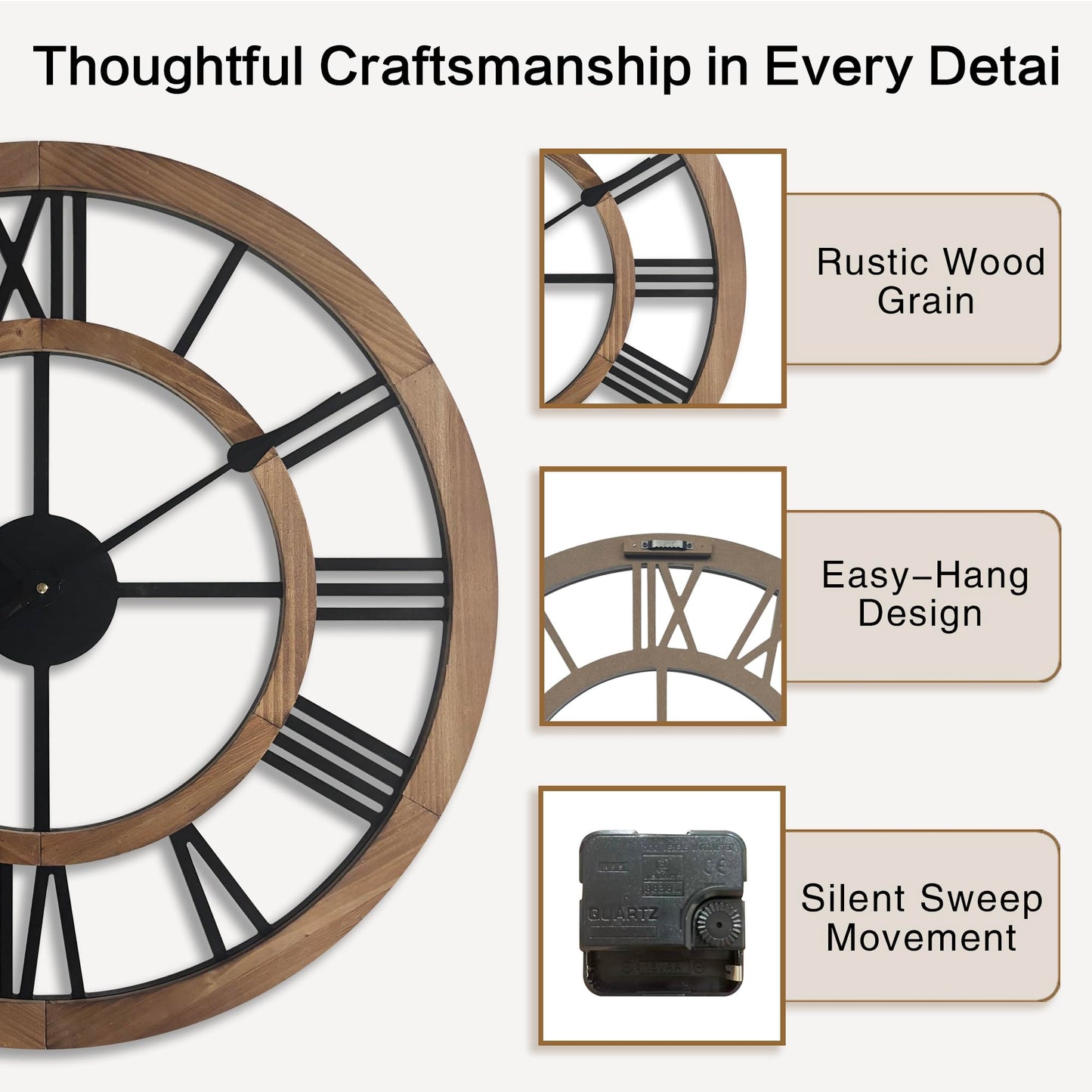 Blueprint Ivy 24 Inch Large Rustic Wall Clock Silent Non-Ticking Wooden Wall Clocks with Roman Numerals Farmhouse Decorative Clock for Living Room Bedroom Office (Brown, 24 Inch)