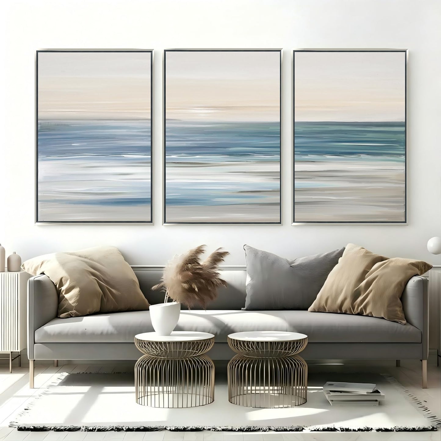 Large Framed Nature Landscape Wall Art for Living Room, 3 Piece Ocean Canvas Prints Paintings Artwork for Walls, Modern Abstract Pictures for Hallway Office Wall Decor 24x36 Inch