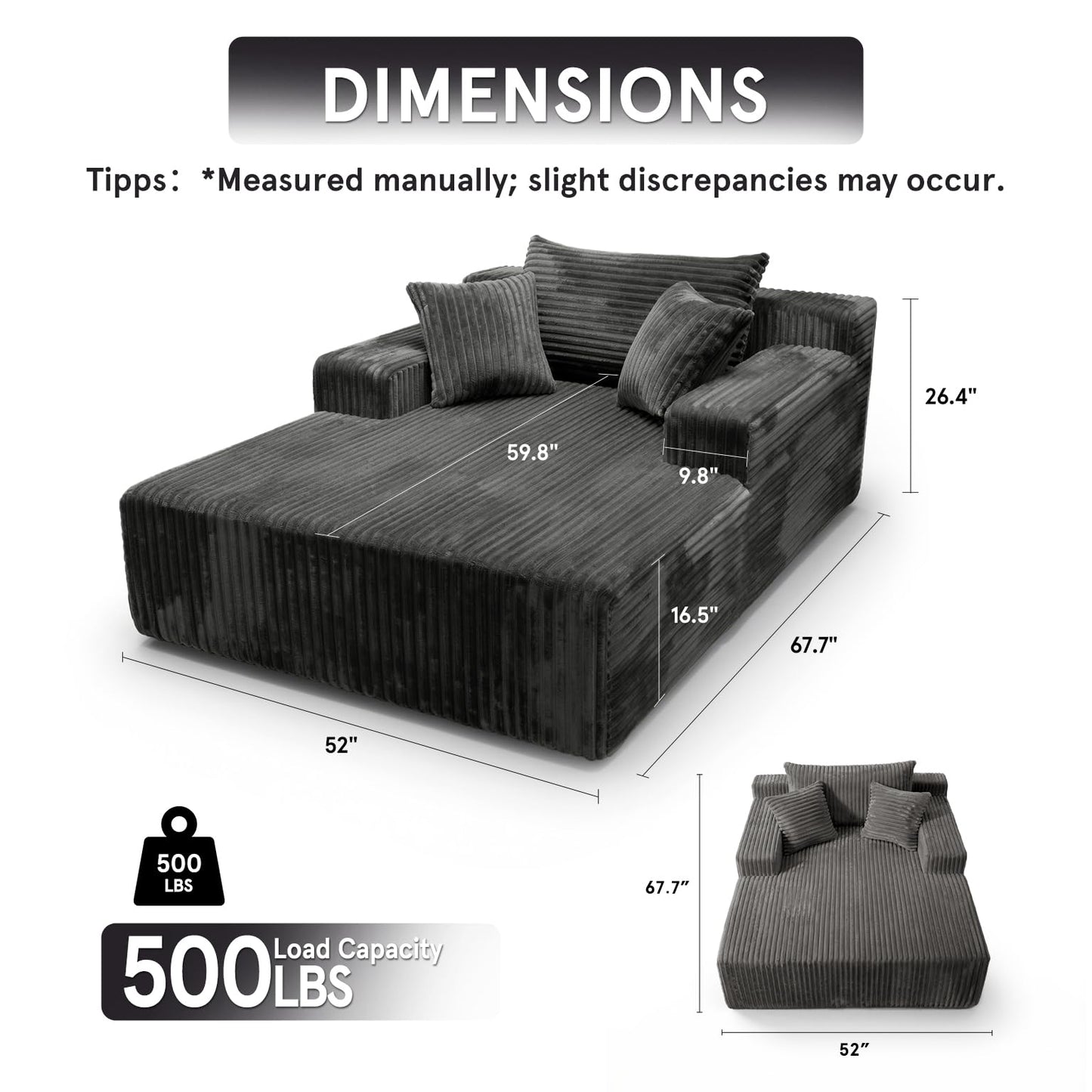 Sytopia Chaise Lounge with Armrests, Oversized Sofa Bed with 3 Pillows, Cozy Couch, Sleeper Reading Chair for Living Room Bedroom, Floor Sofa Corduroy, Furniture Sala, Volcanic Ash