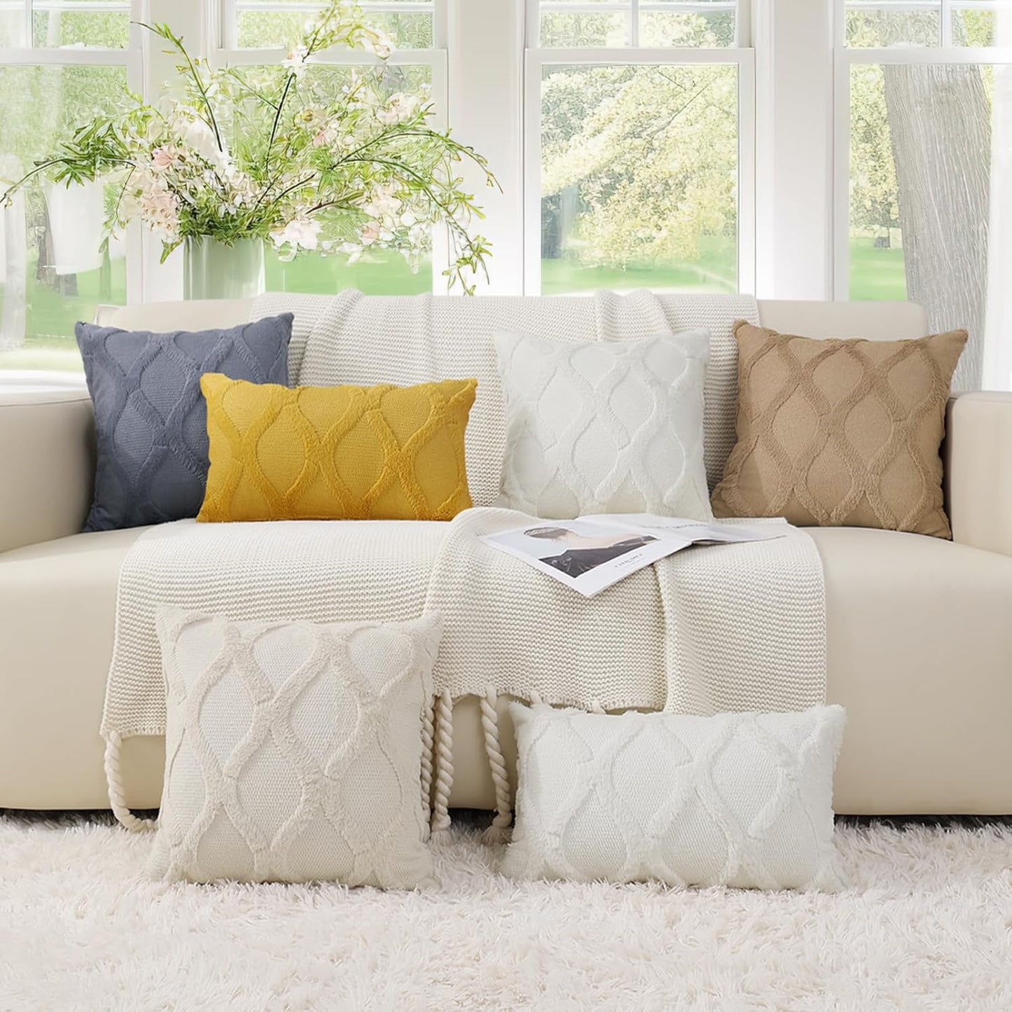 decorUhome Summer Throw Pillow Covers 12x20 Inch Set of 2, Soft Plush Faux Fur Wool Lumbar Beige Accent Couch Pillow Covers for Modern Farmhouse Bed Sofa Living Room
