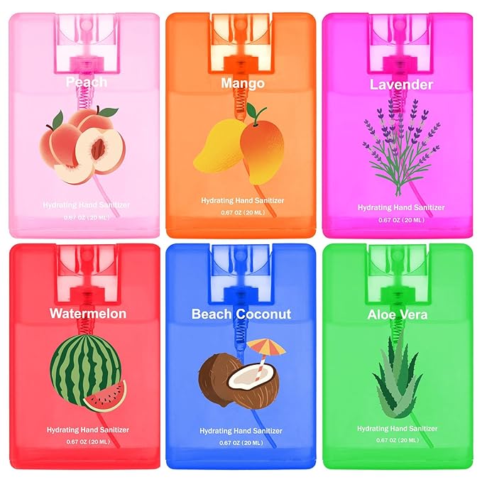 6 Pcs Hydrating Hand Sanitizer Spray Travel Size Scented Hand Sanitizer Spray Mist Refillable Pocket for Women Mom Teacher Nurses Coworker Birthday Fruit Spring Party Favors