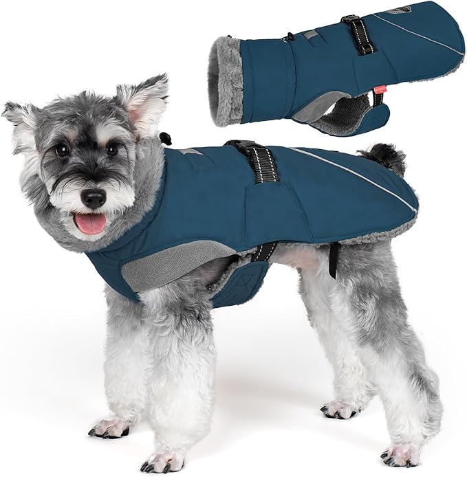KYEESE Waterproof Dog Coat, Windproof Warm Winter Jacket with Thick Fleece Lined, Turtleneck Dog Coats for Small Dogs with Leash Hole, Reflective Outdoor Cold Weather Coat, Navy Blue, Medium