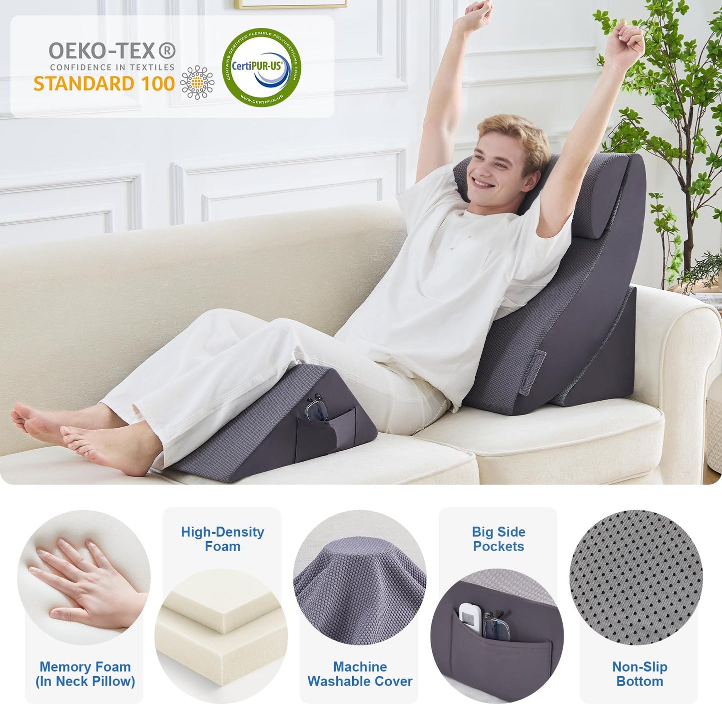 Paxato 4PCS Bed Wedge Pillow Set for After Surgery, Orthopedic Wedge Pillows for Sleeping, Back, Neck and Leg Pain Relief, Adjustable Memory Foam Support Pillows for Acid Reflux, GERD & Snoring, Grey