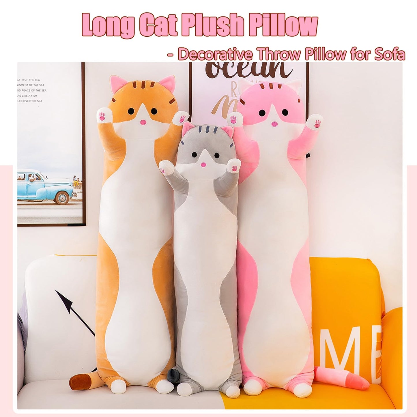 Long Cat Plush Pillow Soft Cat Hugging Pillow Stuffed Animal Pillow Cute Kitty Sleeping Throw Pillow Gift for Kids(70cm/27.55inch,Pink