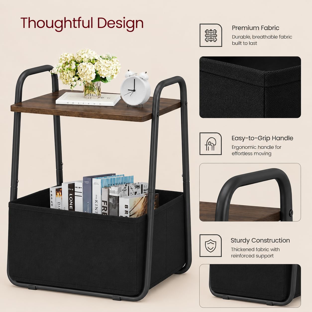 Synlajoy Rustic Brown Metal Frame Nightstand - Small Side Table with Fabric Storage Basket and Handle - Ideal for Bedroom & Living Room & Dorm