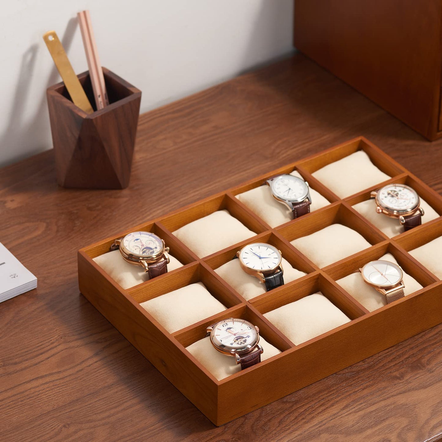 Woodten Solid Wood Watch Storage Tray for Drawer Watch Pillow Organizer Display Tray Showcase (Beige)
