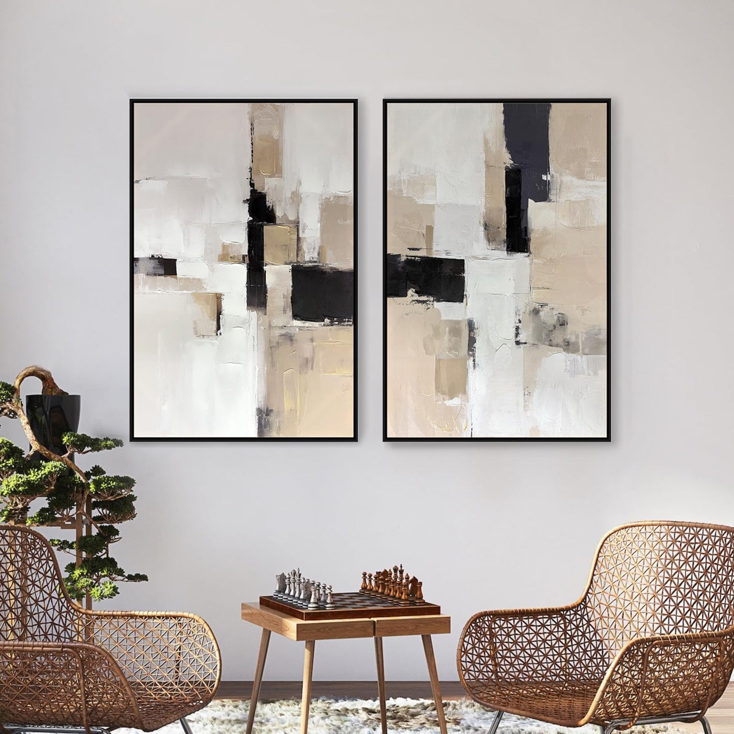 Zessonic Neutral Abstract Wall Art, Large Modern Textured Framed Canvas Wall Decor, Minimalist Prints Paintings, Earth Tone Black Beige Brown Artwork Pictures for Home, Living Room, Office, 24"x36"x2