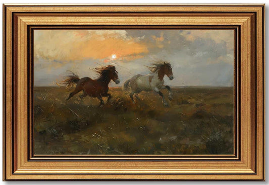 Vintage Gold Framed Running Horse Canvas Wall Art, Grassland Sunset Landscape Poster Print Artwork, Rustic Farmhouse Animal Painting Picture Wall Decor, for Living Room, Home Decoration, 9x11in
