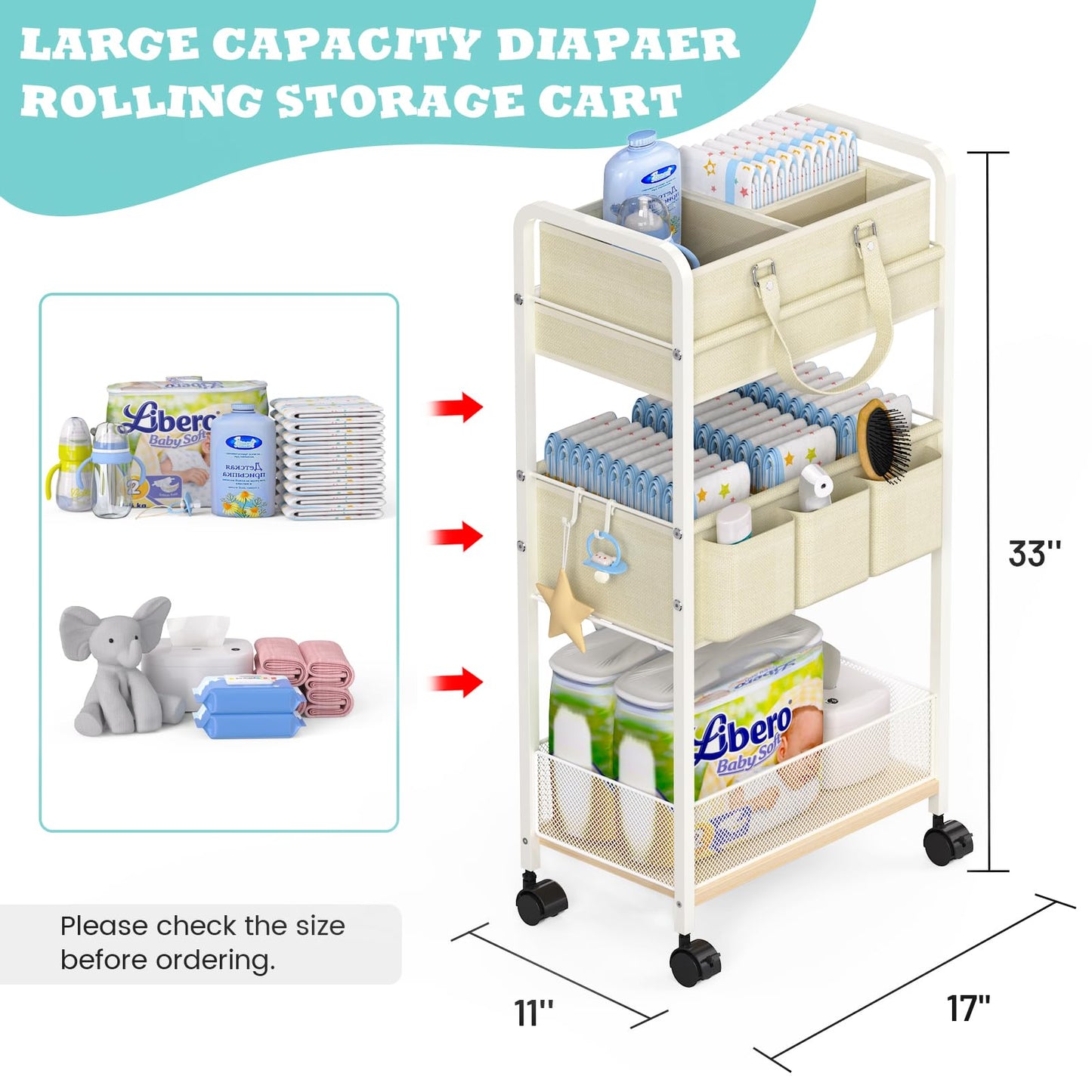 2In1 Baby Diaper Caddy & 3-Tier Rolling Cart, Diaper Caddy Organizer Carts with Dividers, Mobile Metal Utility Cart for Nursery Essentials, Detachable Bedside Cart, Large Capacity, White