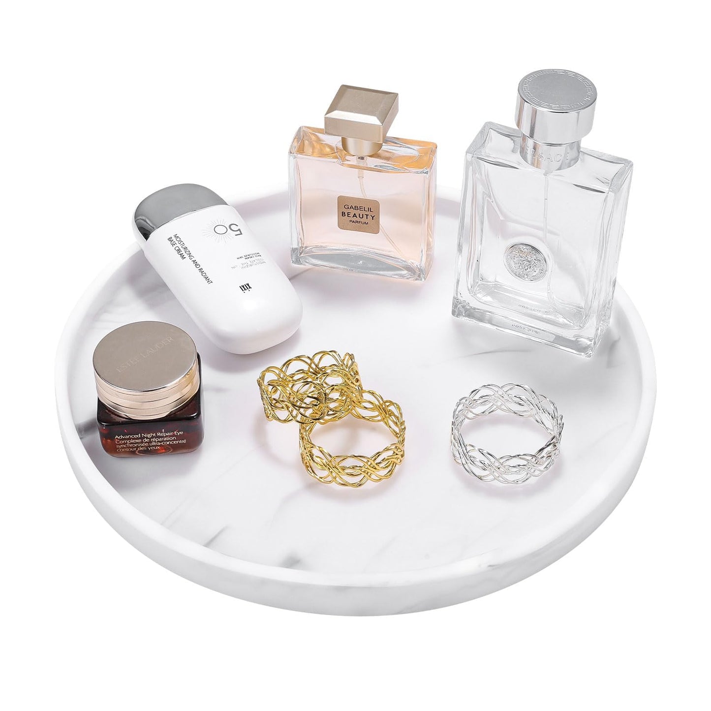 Luxspire Round Vanity Tray, 10.63 Inch Bathroom Vanity Tray Resin Kitchen Tray, Countertop Organizer Tray for Perfume Dresser Jewelry Candle, Coffee Table Decorative Tray, Marble White