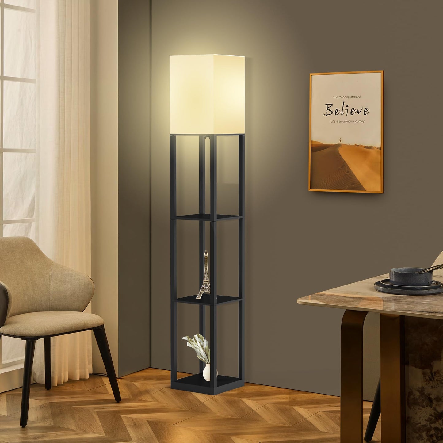 Befancy Floor Lamp with Solid Wood Shelves for Living Room, 3-Tier Shelf Standing Lamp with LED Bulb and Pull Chain Switch, Corner Display Bookshelf Lamp for Living Room and Bedroom(Black)