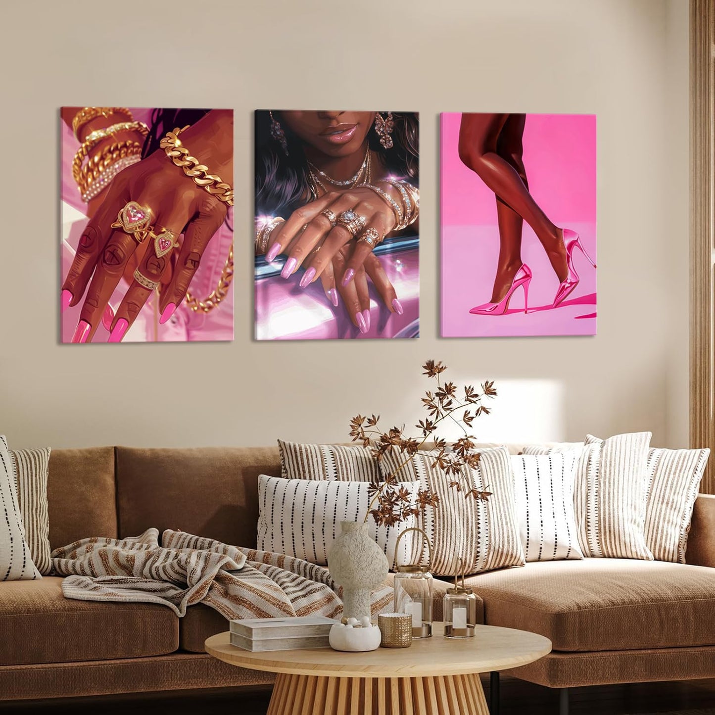 Pink Fashion Black Girl Canvas Wall Art Set of 3 African American Black Woman Posters Wall Decor Fashion Black Woman Pictures Prints for Living Room Bedroom Artwork Home Decoration 12x16Inch Framed