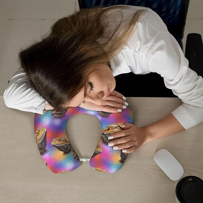 Neck Support Pillow, Comfortable Memory Foam Car/Flight/Airplane Chin Pillows U Shaped Cushion for Office Travel Sleeping Cute Bearded Dragon Lizards