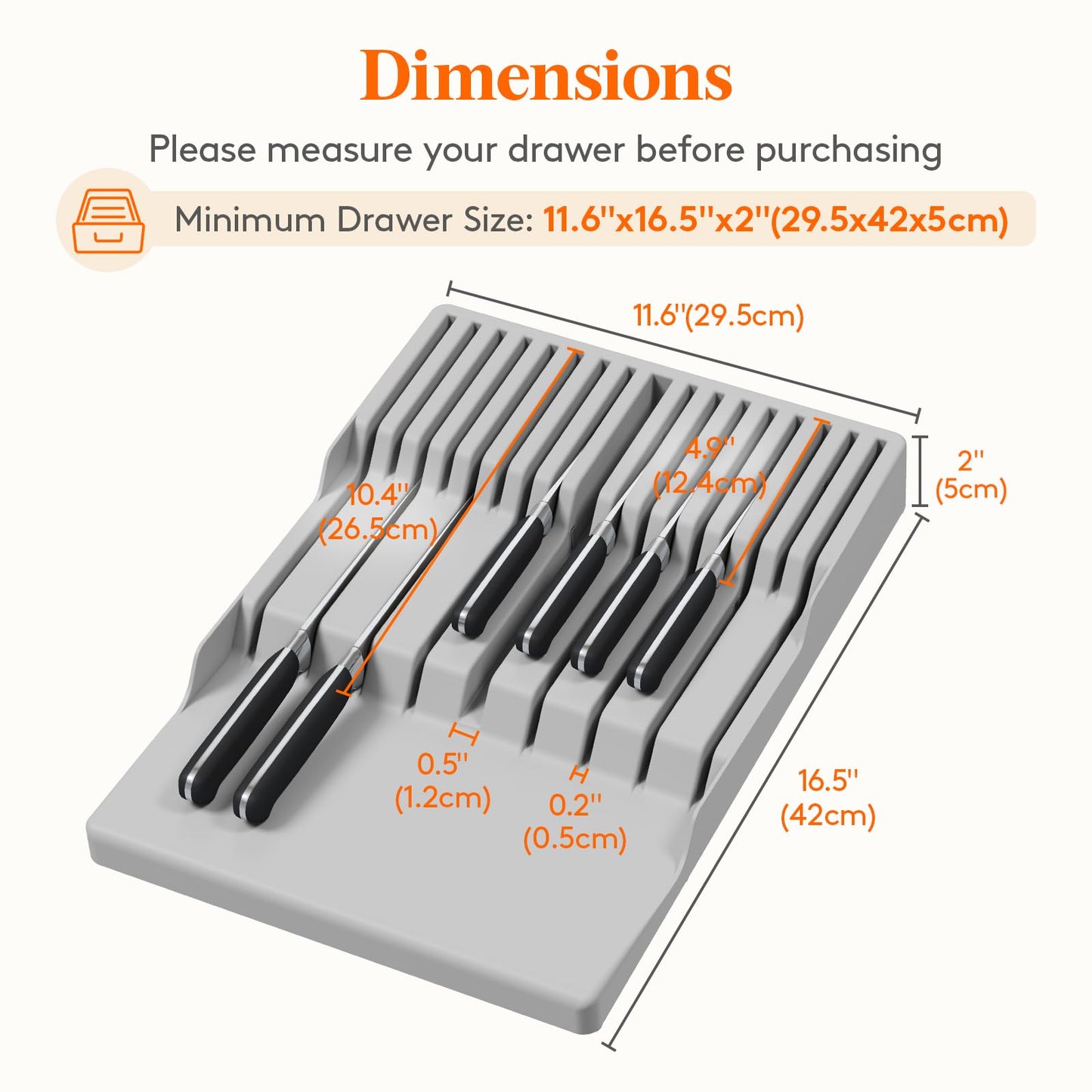 Lifewit Magnetic Drawer Knife Organizers Insert, Kitchen Plastic In Drawer Knife Block Slots, Steak Chefs Knives Holder Storage for 16 Knives and 1 Sharpening Steel, Extra Large, Gray, 16.5"/42 cm(W)