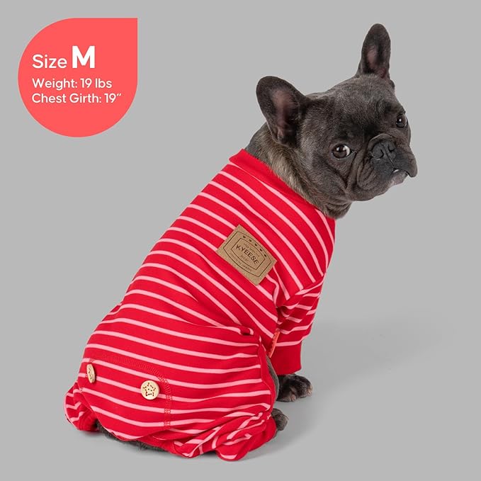 KYEESE Dog Pajamas, Stretchable Velvet Fleece 4 Legs Doggie Onesie, Striped Dog PJS for Small Dogs, Soft Cozy Pet Outfit Puppy Pajamas, Comfortable Sleepwear Cat PJS, Red Striped, X-Small