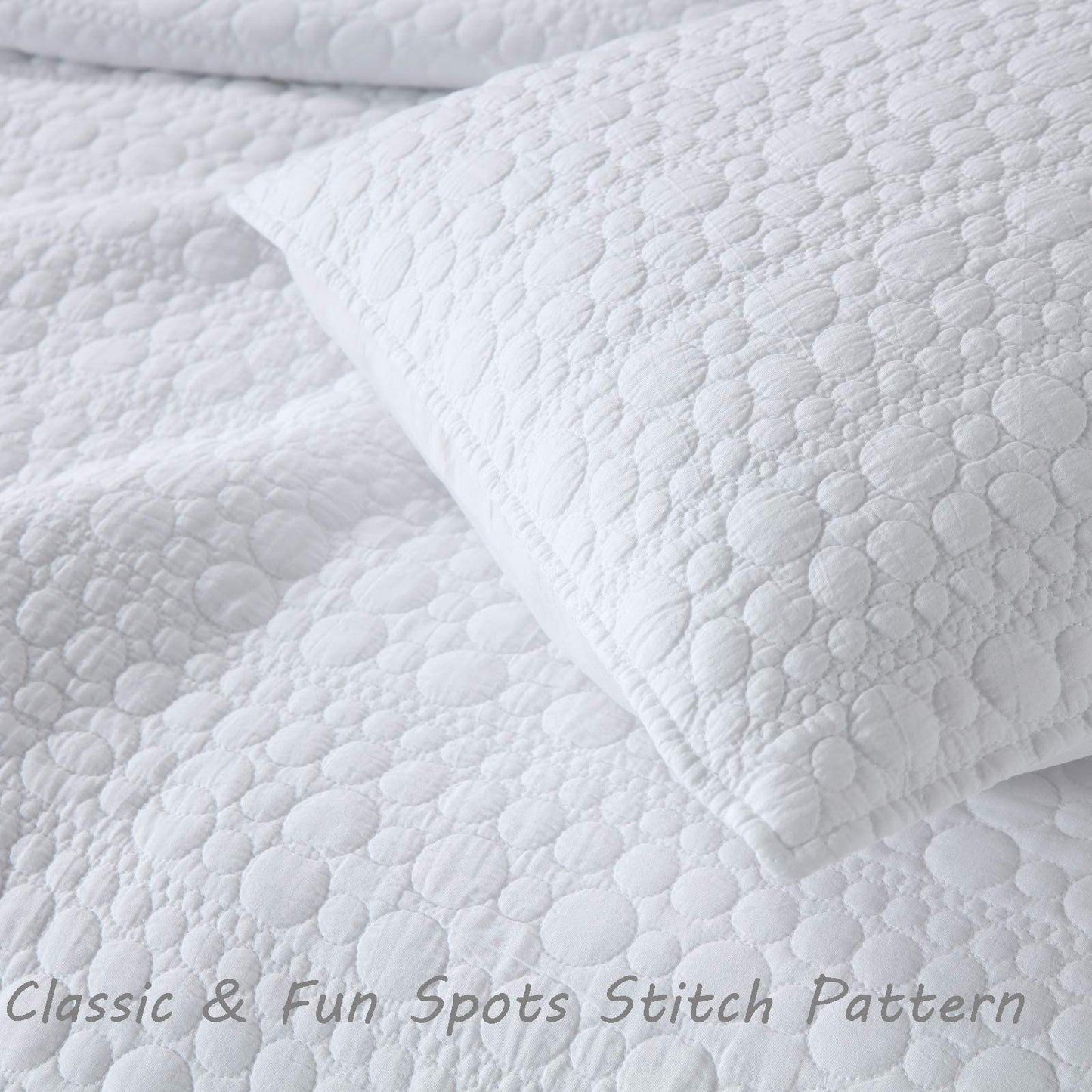 HORIMOTE HOME Quilt Set Queen Size White, Classic Geometric Spots Stitched Pattern, Stone-Washed Microfiber Chic Rustic Look, Ultra Soft Lightweight Quilted Bedspread for All Season, 3 Pieces