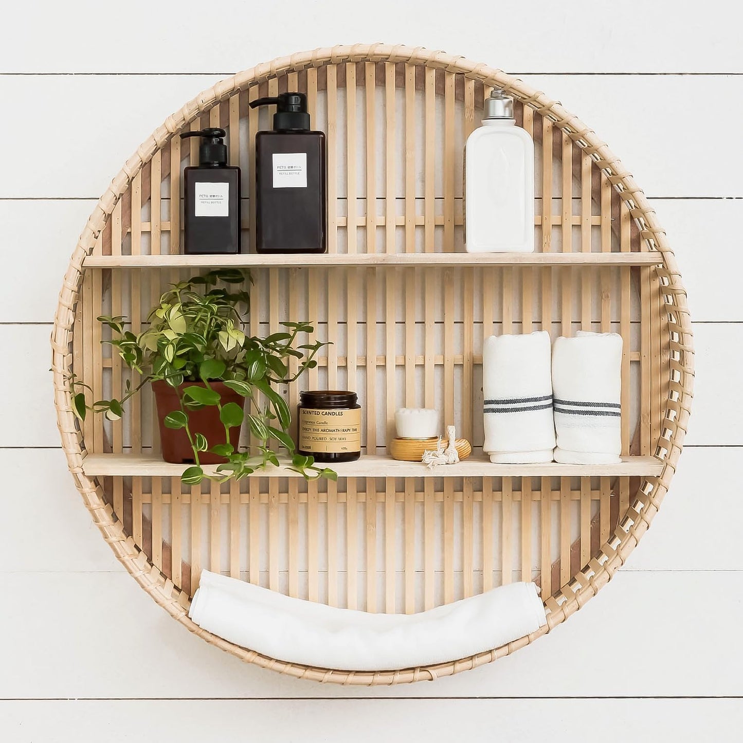 Synovana Rattan Wall Shelf 3 Tier Boho Wall Mounted Shelf Farmhouse Handcraft Round Floating Shelf Display Rack Storage Circular Hanging Shelf for Livingroom Home Decor