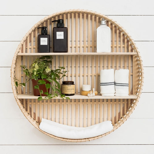 Synovana Rattan Wall Shelf 3 Tier Boho Wall Mounted Shelf Farmhouse Handcraft Round Floating Shelf Display Rack Storage Circular Hanging Shelf for Livingroom Home Decor