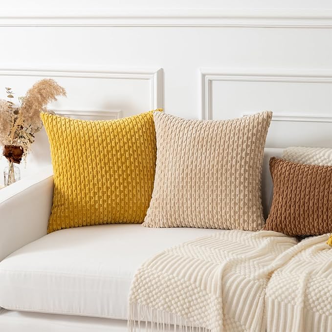 Kevin Textile Throw Pillow Covers Soft Corduroy Decorative Set of 2 Boho Striped Pillow Covers Pillowcases Farmhouse Home Decor for Couch Bed Sofa Living Room 22x22 Inch Mustard Yellow