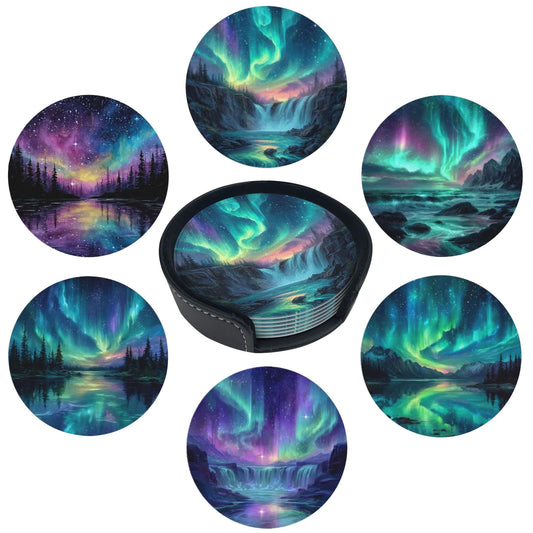 sunwarshile Northern Lights Coasters for Drinks with Holder Round Leather Coasters Set of 6 Cups Mugs Mat Pad for Home Kitchen Bar