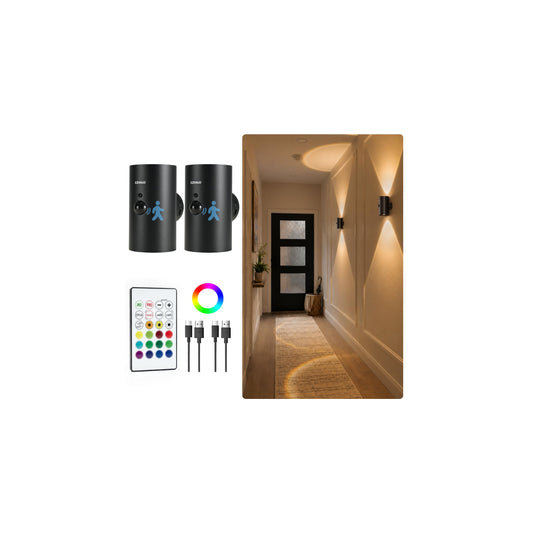 EZVALO Motion Sensor Wall Lights, Rechargeable Battery Operated LED Wall Sconce with Remote, 3 Color Temps & RGB, Peel and Stick Wall Lamps for Hallway, Stairway, Living Room (2 Pack, Black)